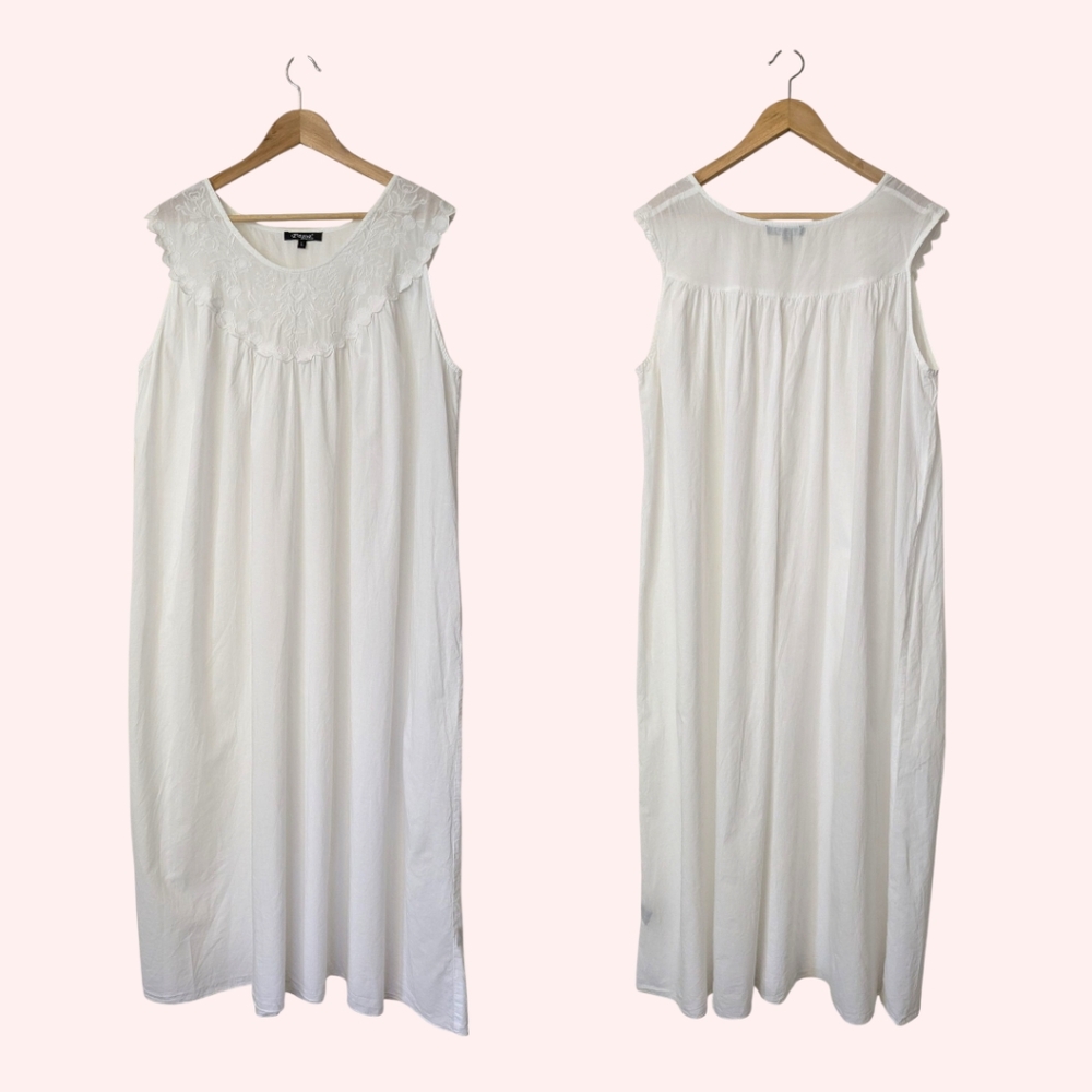 🤍 VTG Papa Vancouver 100% Cotton Midi Nap Dress w/ Embroidered Yoke, L
